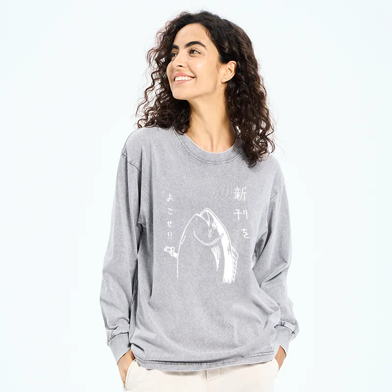 Tokyo-Tiger Japanese Fish Hold Up White Washed Long Sleeve T-Shirt