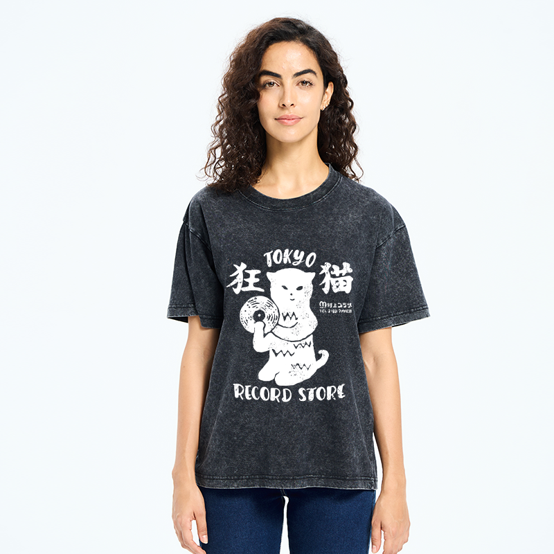 Tokyo-Tiger Tokyo Record Store Cat CD Washed T-Shirt
