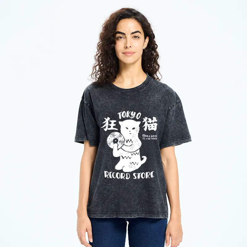Tokyo-Tiger Tokyo Record Store Cat CD Washed T-Shirt