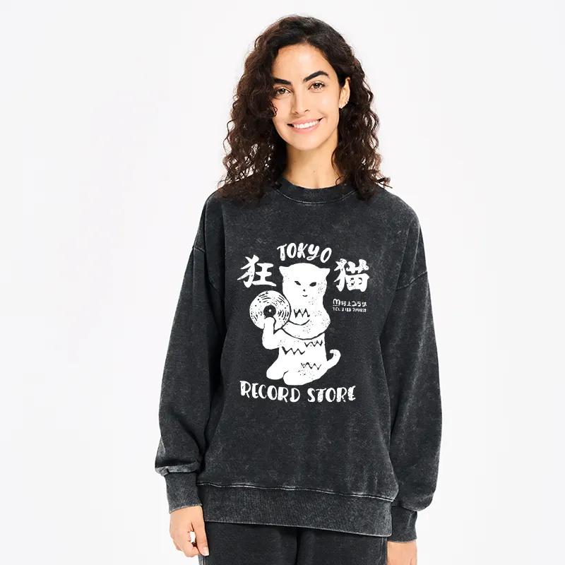 Tokyo-Tiger Tokyo Record Store Cat CD Washed Sweatshirt