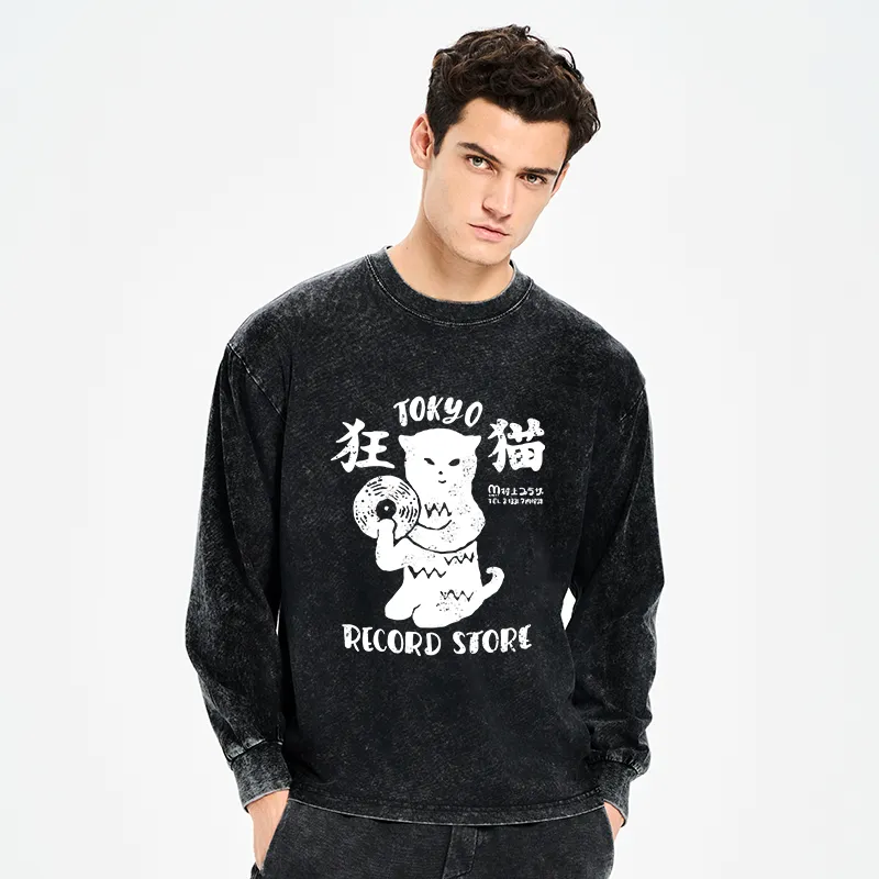 Tokyo-Tiger Tokyo Record Store Cat CD Washed Long Sleeve T-Shirt