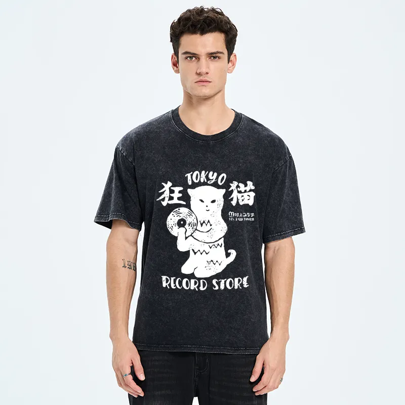 Tokyo-Tiger Tokyo Record Store Cat CD Washed T-Shirt