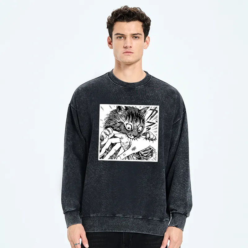 Tokyo-Tiger Creepy Cat Anime Horror Anteater Washed Sweatshirt