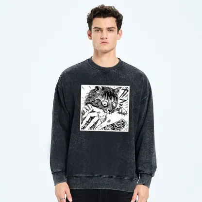 Tokyo-Tiger Creepy Cat Anime Horror Anteater Washed Sweatshirt