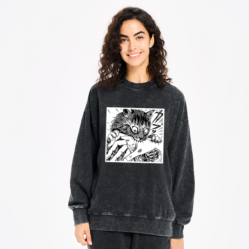 Tokyo-Tiger Creepy Cat Anime Horror Anteater Washed Sweatshirt