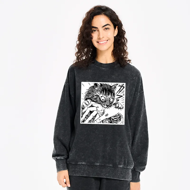 Tokyo-Tiger Creepy Cat Anime Horror Anteater Washed Sweatshirt