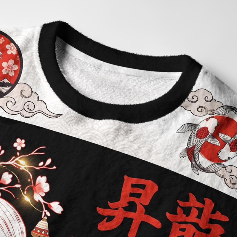 Tokyo-Tiger Vintage Sakura And Koi Fuzzy Christmas Ugly Sweatshirt