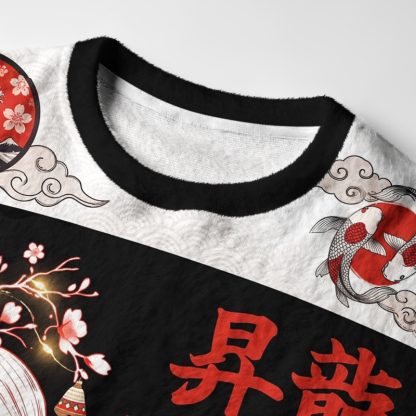 Tokyo-Tiger Vintage Sakura And Koi Fuzzy Christmas Ugly Sweatshirt