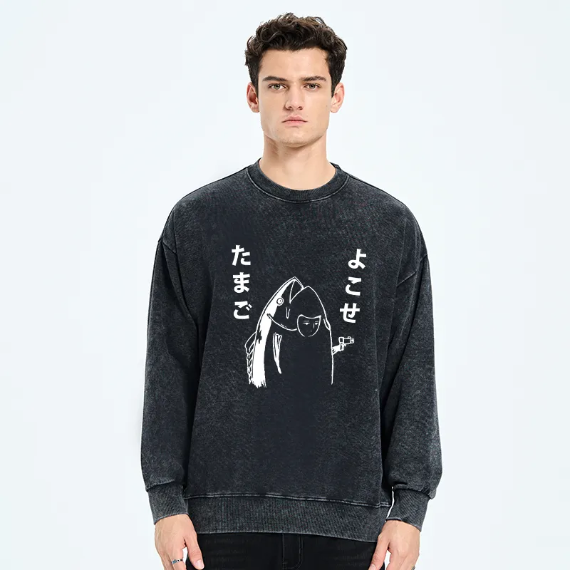 Tokyo-Tiger Japanese Fish Hold Up White Washed Sweatshirt