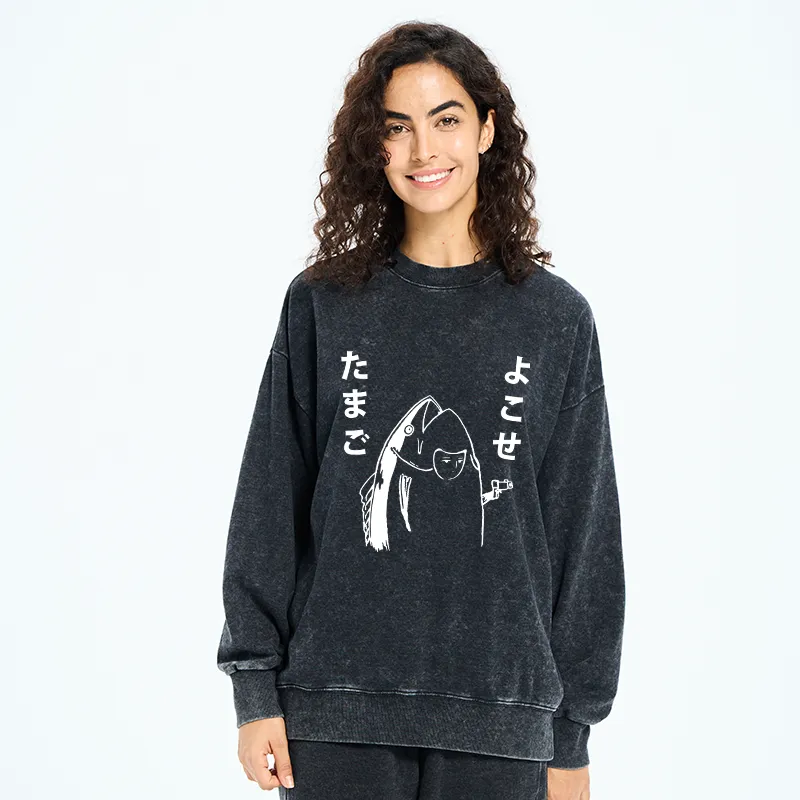 Tokyo-Tiger Japanese Fish Hold Up White Washed Sweatshirt