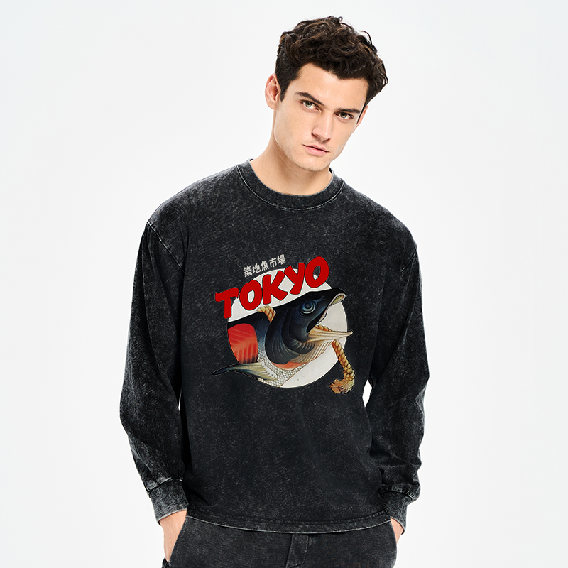 Tokyo-Tiger Vintage Japanese Tsukiji Fish Market Washed Long Sleeve T-Shirt