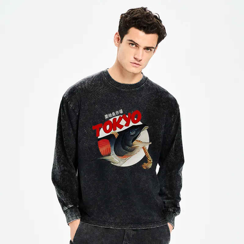 Tokyo-Tiger Vintage Japanese Tsukiji Fish Market Washed Long Sleeve T-Shirt
