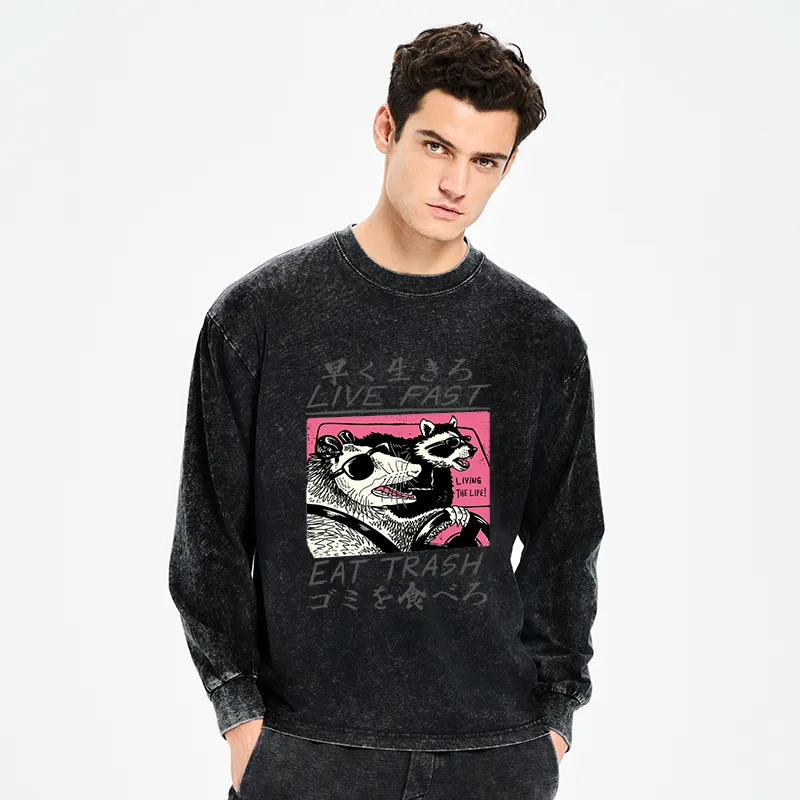 Tokyo-Tiger Live Fast Eat Trash Washed Long Sleeve T-Shirt