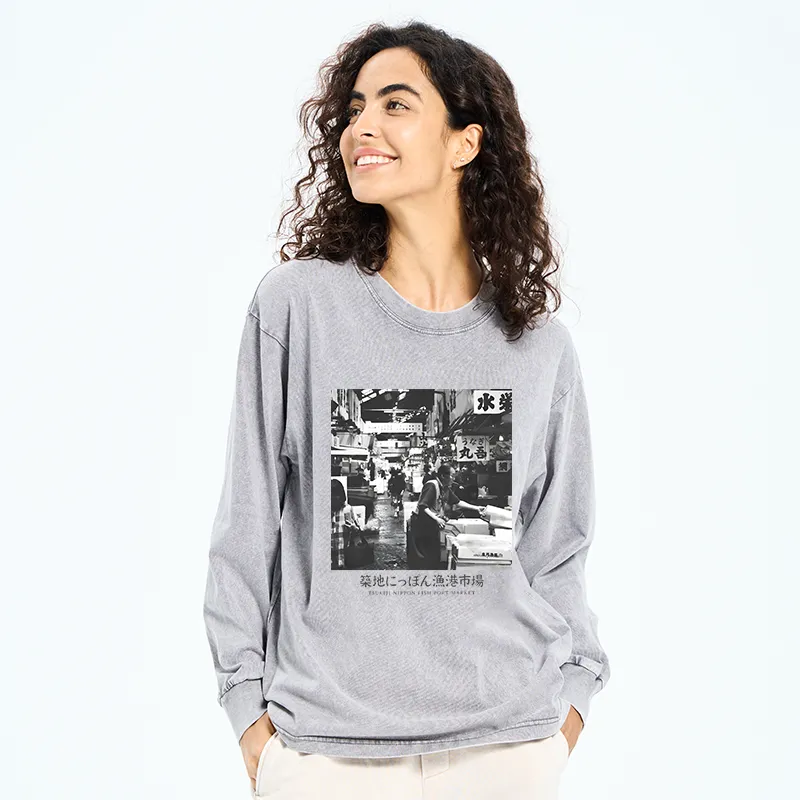 Tokyo-Tiger Tsukiji Fish Market Photo Washed Long Sleeve T-Shirt