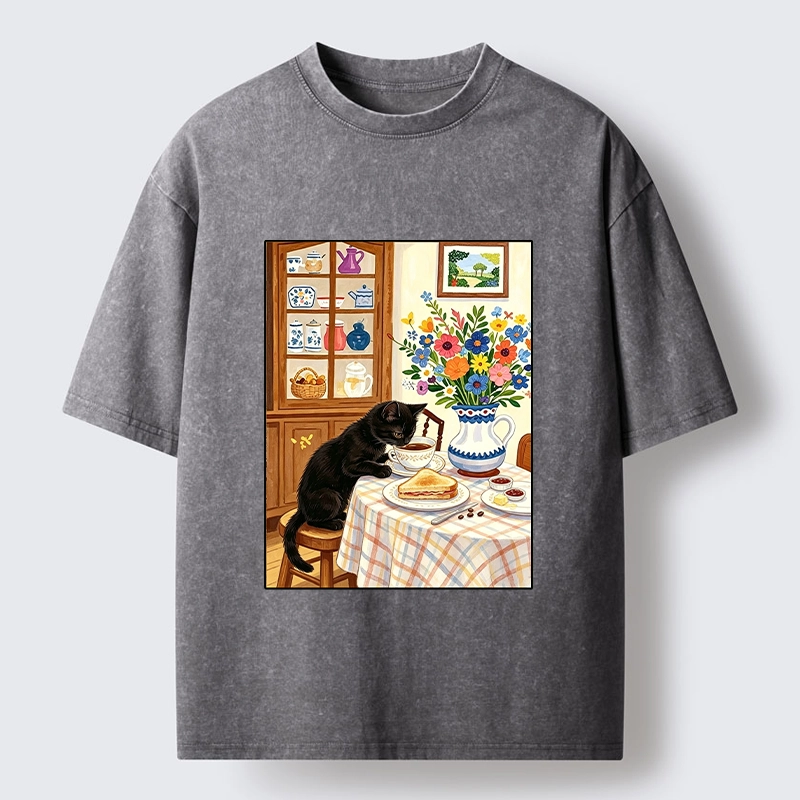 Tokyo‑Tiger Cute Snack Time Cat Washed T‑Shirt