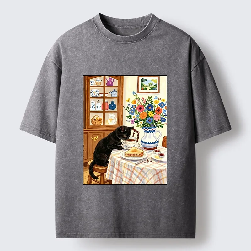 Tokyo‑Tiger Cute Snack Time Cat Washed T‑Shirt