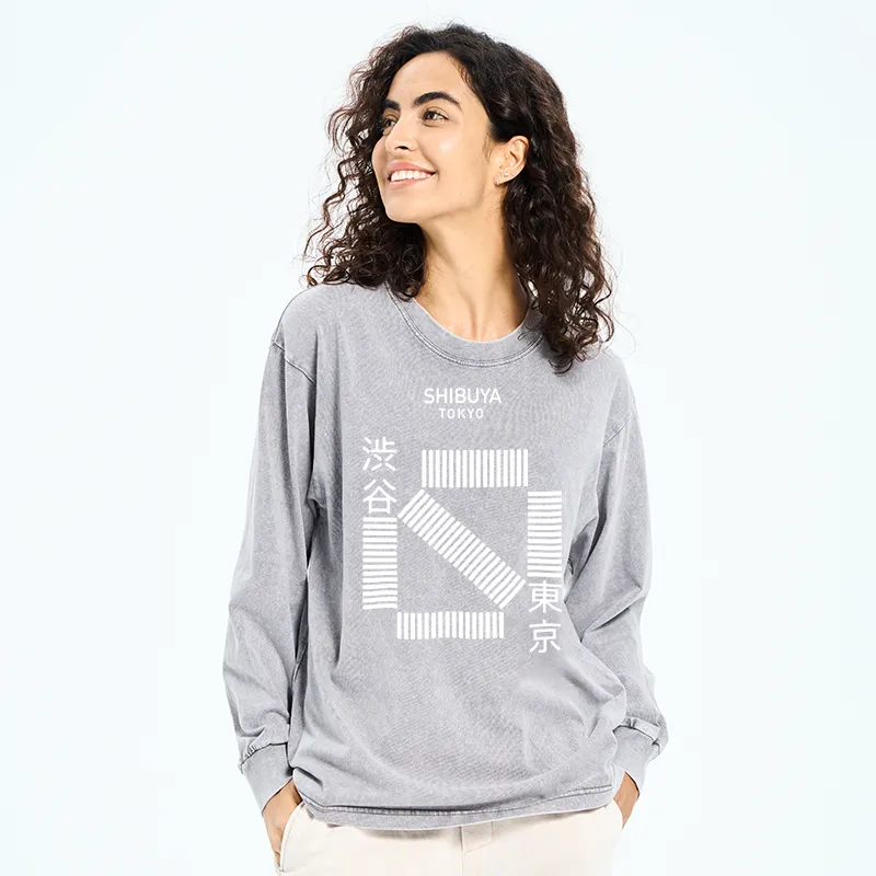 Tokyo-Tiger Japanese Shibuya Crossing Washed Long Sleeve T-Shirt