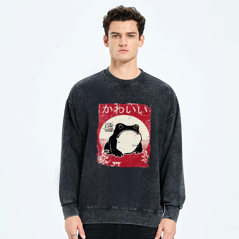 Tokyo-Tiger Woodblock Print Grumpy Frog Washed Sweatshirt