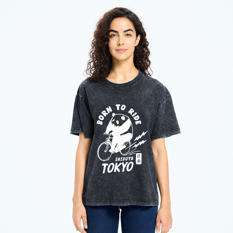 Tokyo-Tiger Pandas Ride Bicycles Washed T-Shirt