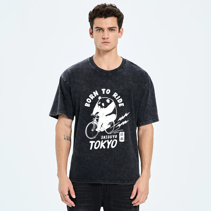 Tokyo-Tiger Pandas Ride Bicycles Washed T-Shirt
