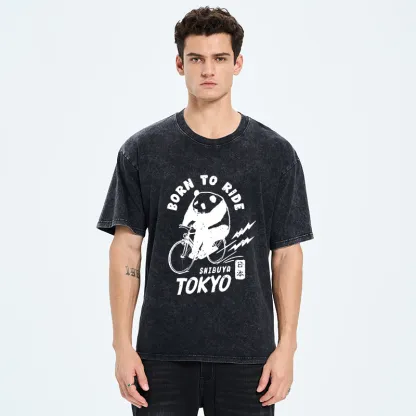 Tokyo-Tiger Pandas Ride Bicycles Washed T-Shirt