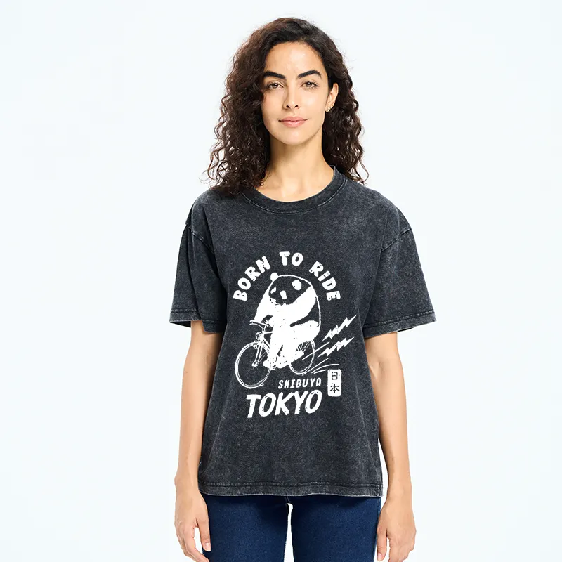 Tokyo-Tiger Pandas Ride Bicycles Washed T-Shirt