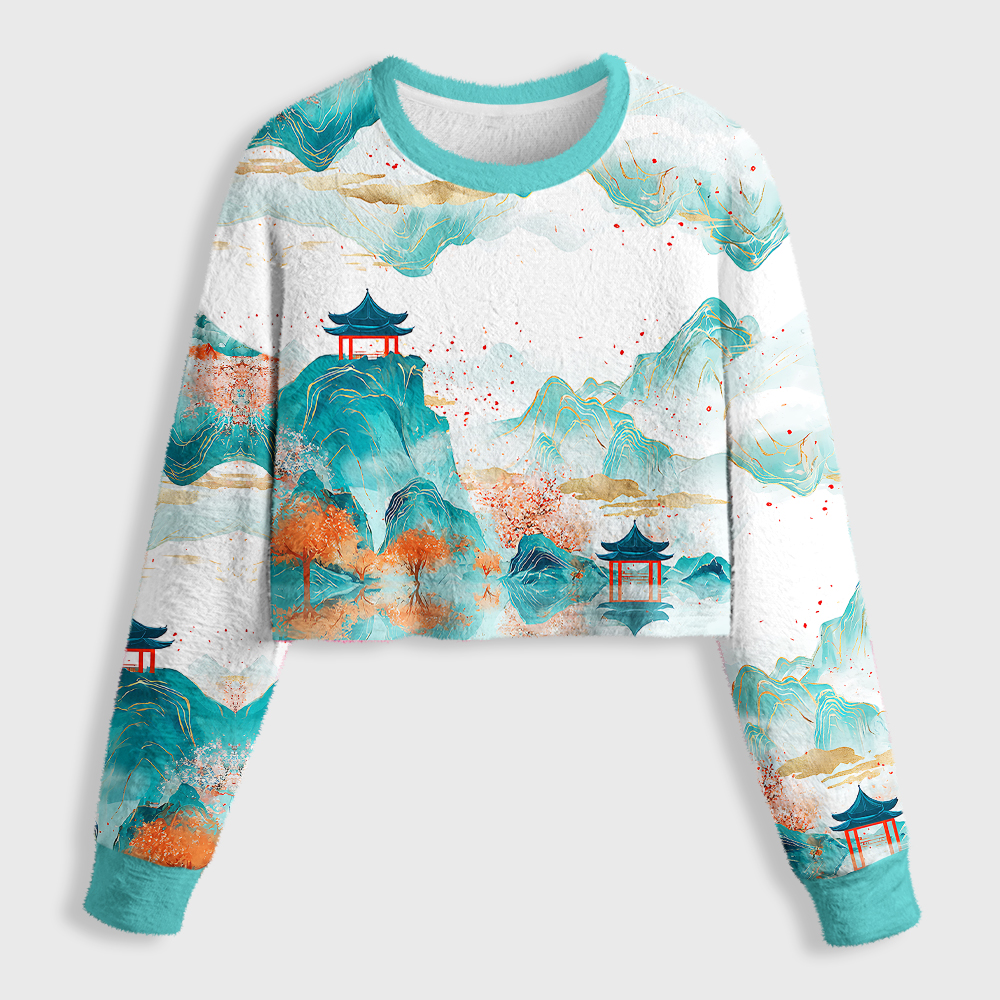 Tokyo-Tiger Serene Chinese Mountain Landscape Women's Fuzzy Cropped Sweatshirt