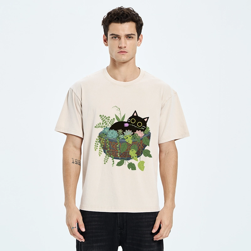 Tokyo-Tiger Cat Relaxing Inside Flower Pot Washed T-Shirt