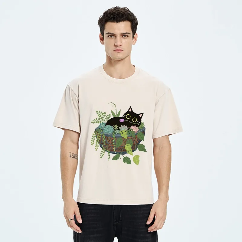 Tokyo-Tiger Cat Relaxing Inside Flower Pot Washed T-Shirt