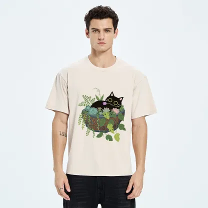 Tokyo-Tiger Cat Relaxing Inside Flower Pot Washed T-Shirt