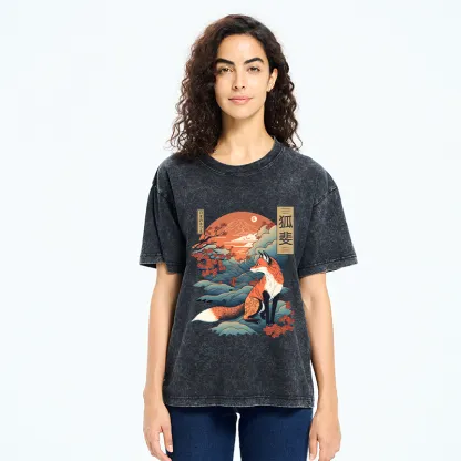 Tokyo-Tiger Japanese Kitsune Fox Sakura Washed T-Shirt