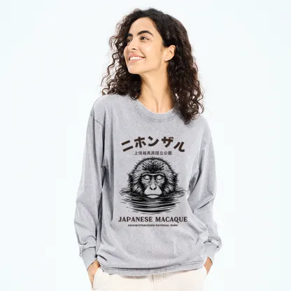 Tokyo-Tiger The Macaque Monkey In The Bath Japanese Washed Long Sleeve T-Shirt
