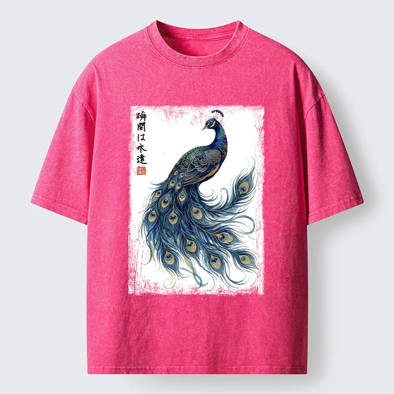 Tokyo-Tiger Elegant Peacock Art Washed T-Shirt