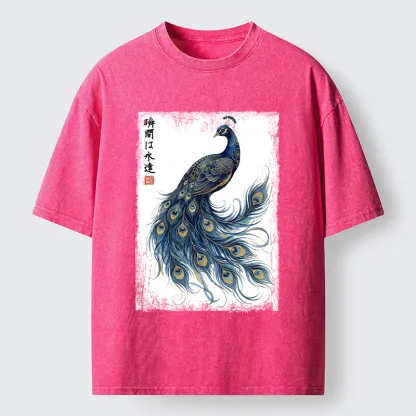 Tokyo-Tiger Elegant Peacock Art Washed T-Shirt
