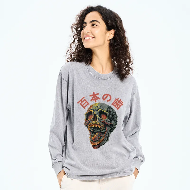 Tokyo-Tiger Terrifying And Disgusting Skull Washed Long Sleeve T-Shirt