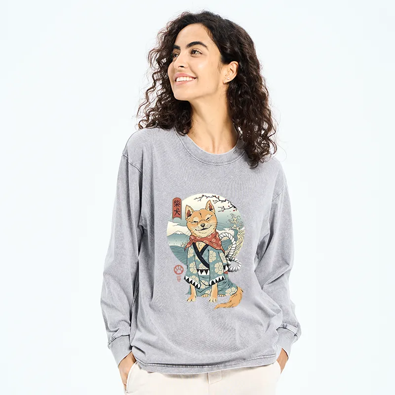 Tokyo-Tiger Samurai Shiba Dog Japanese Washed Long Sleeve T-Shirt