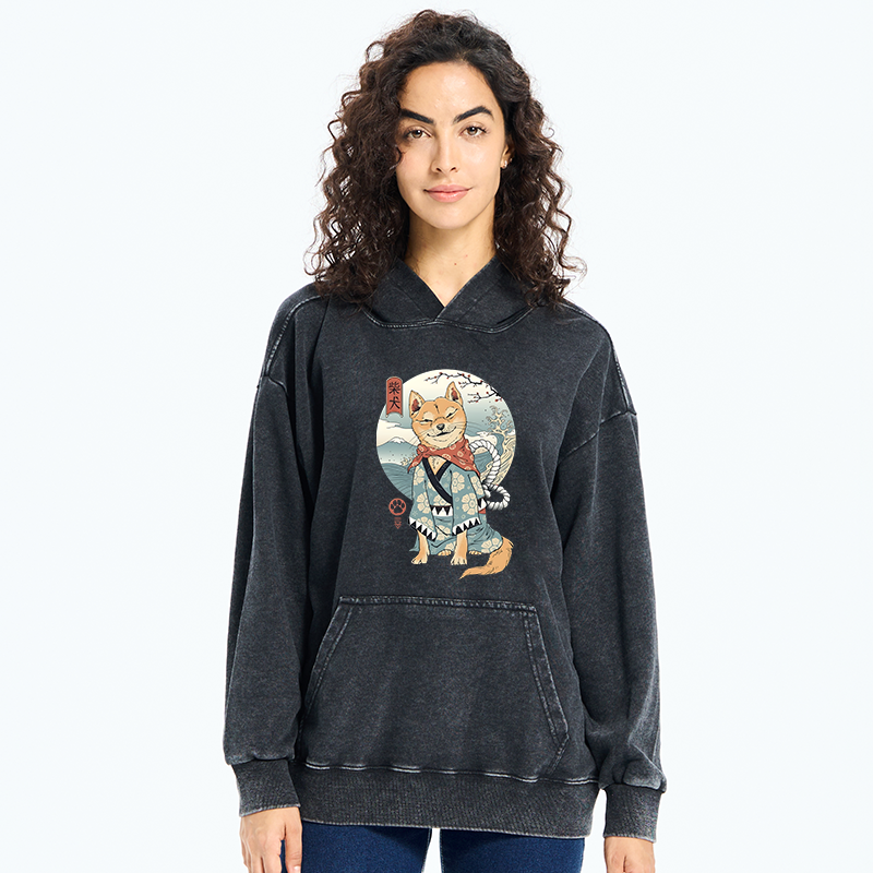 Tokyo-Tiger Samurai Shiba Dog Japanese Washed Hoodie