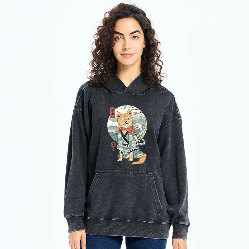 Tokyo-Tiger Samurai Shiba Dog Japanese Washed Hoodie