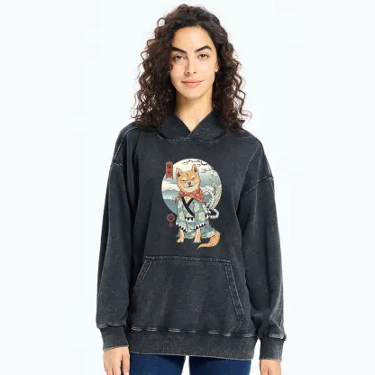 Tokyo-Tiger Samurai Shiba Dog Japanese Washed Hoodie