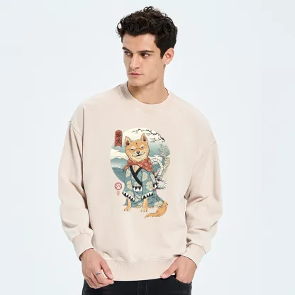 Tokyo-Tiger Samurai Shiba Dog Japanese Washed Sweatshirt