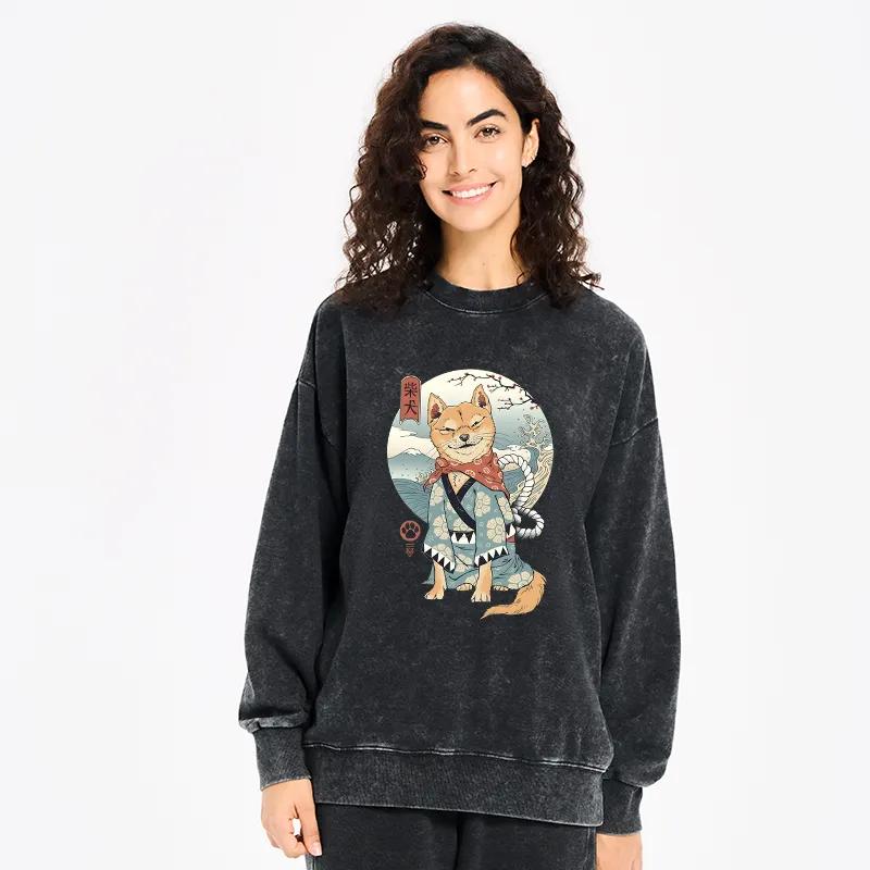 Tokyo-Tiger Samurai Shiba Dog Japanese Washed Sweatshirt