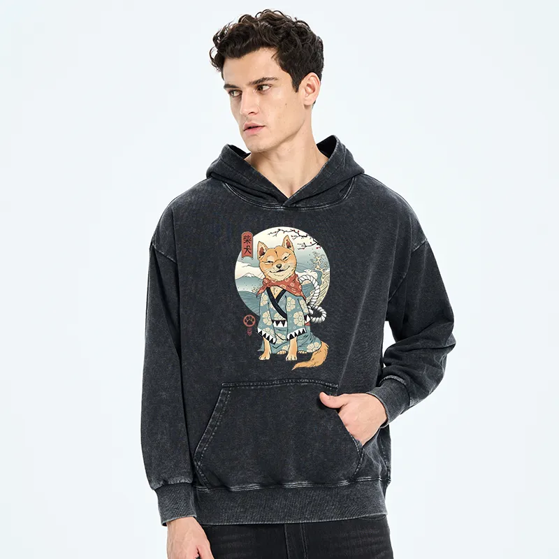 Tokyo-Tiger Samurai Shiba Dog Japanese Washed Hoodie