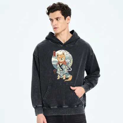 Tokyo-Tiger Samurai Shiba Dog Japanese Washed Hoodie