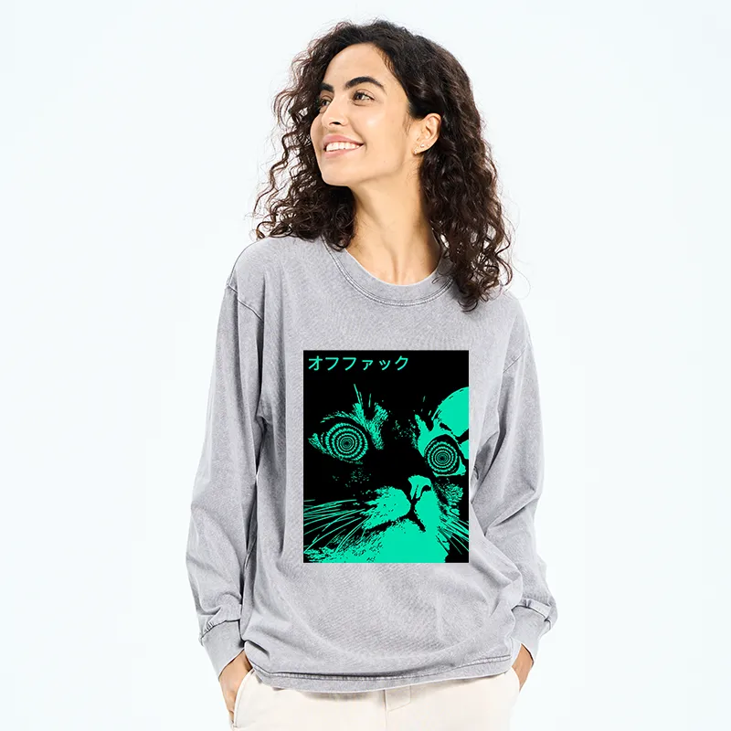 Tokyo-Tiger Cool Cat Japanese Washed Long Sleeve T-Shirt