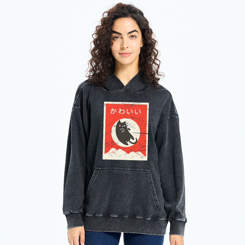 Tokyo-Tiger Cute Black Cat Japanese Washed Hoodie