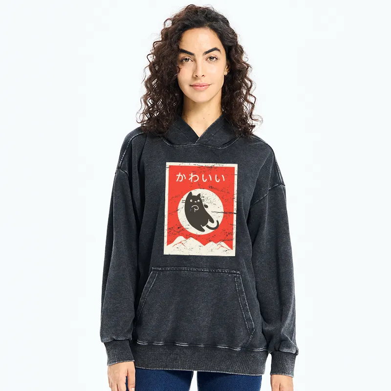 Tokyo-Tiger Cute Black Cat Japanese Washed Hoodie