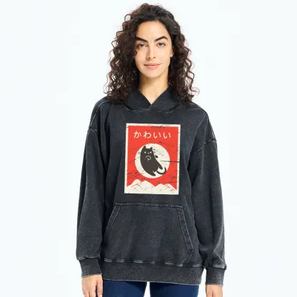 Tokyo-Tiger Cute Black Cat Japanese Washed Hoodie