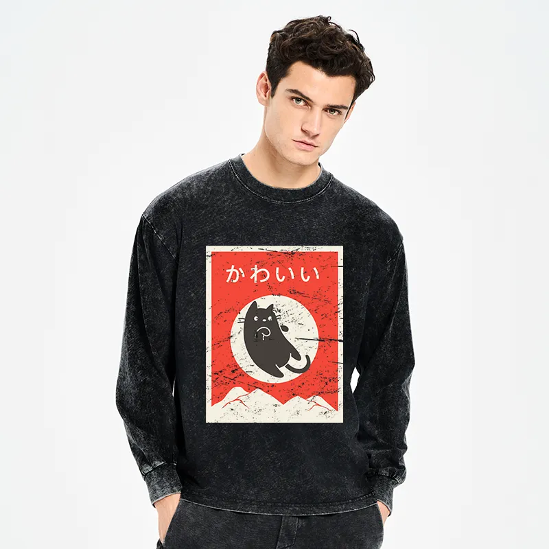 Tokyo-Tiger Cute Black Cat Japanese Washed Long Sleeve T-Shirt