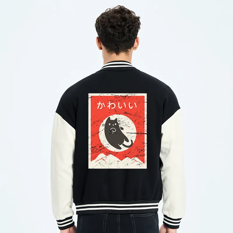 Tokyo-Tiger Cute Black Cat Japanese Embroidery Varsity Jacket