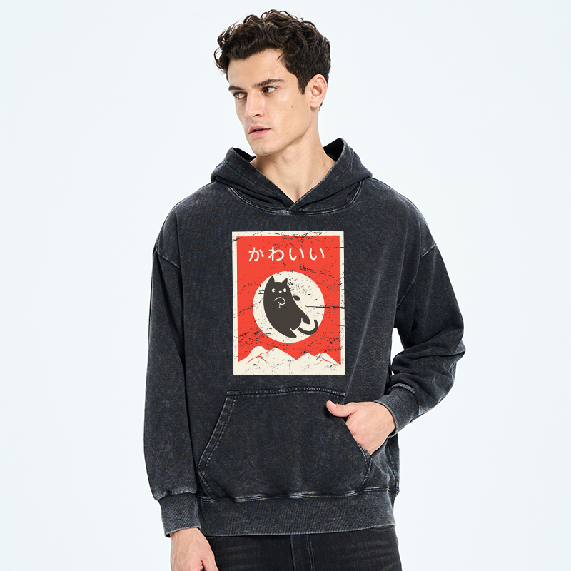 Tokyo-Tiger Cute Black Cat Japanese Washed Hoodie